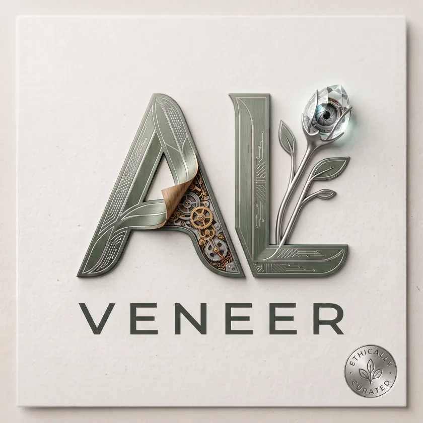 A. L. Veneer logo — the letters AL in brushed sage metal; a corner of the A peels back to reveal gears, and a silver flower blooms into a camera aperture.